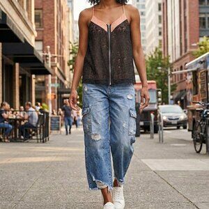 Silence & Noise Womens Black Lace Trapeze Tank Sz Small Whimsigoth Coquette Y2K